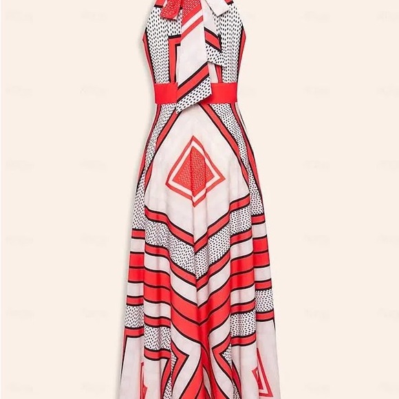 Eliza J Red Symmetrical Pattern Halter Maxi Summer Dress - 6 - Picture 2 of 2